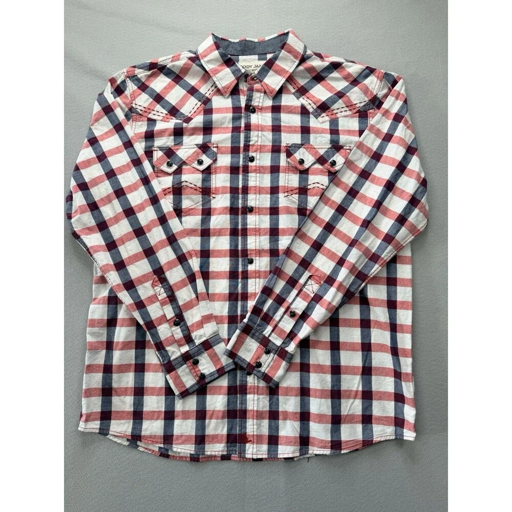 Cody James Western Plaid Pearl Snap Shirt Men’s Large Red Blue Cowboy Rodeo